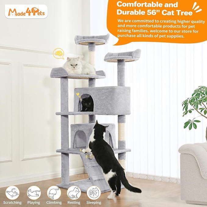 Made4Pets 56" Multi-Level Cat Tree with Apartments & Toys – Light Gray