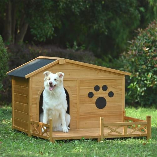 Outdoor Wooden Dog House with Porch – Medium, Natural