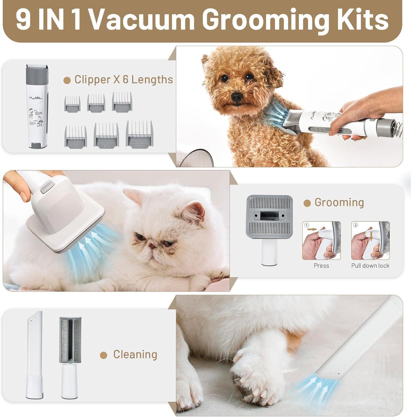 Pet Hair Vacuum & Grooming Tool Kit, Low Noise