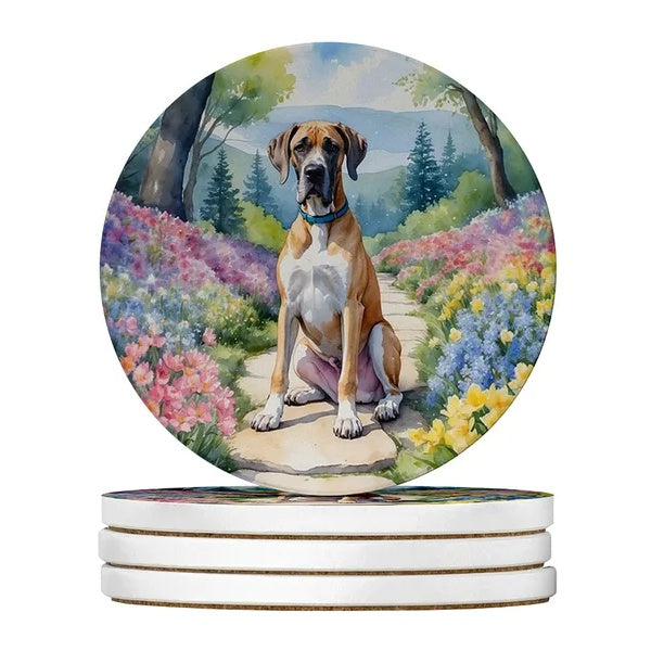 Silky Terrier Spring Path Sandstone Coasters – 4-Pack, 4" Round, Multicolor
