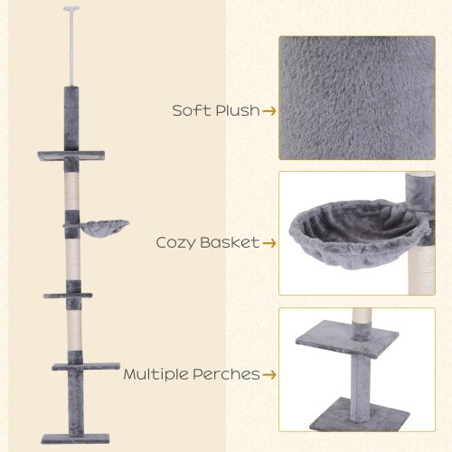 PawHut 9' Adjustable Floor-to-Ceiling Cat Tree – Grey & White