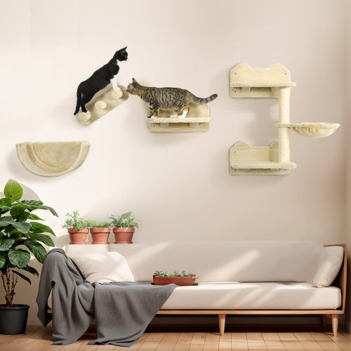 PawHut 4-Piece Cat Wall Shelf Set with Hammock & Scratching Post