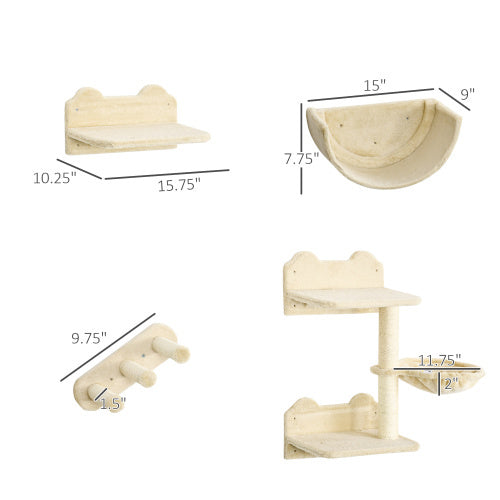 PawHut 4-Piece Cat Wall Shelf Set with Hammock & Scratching Post