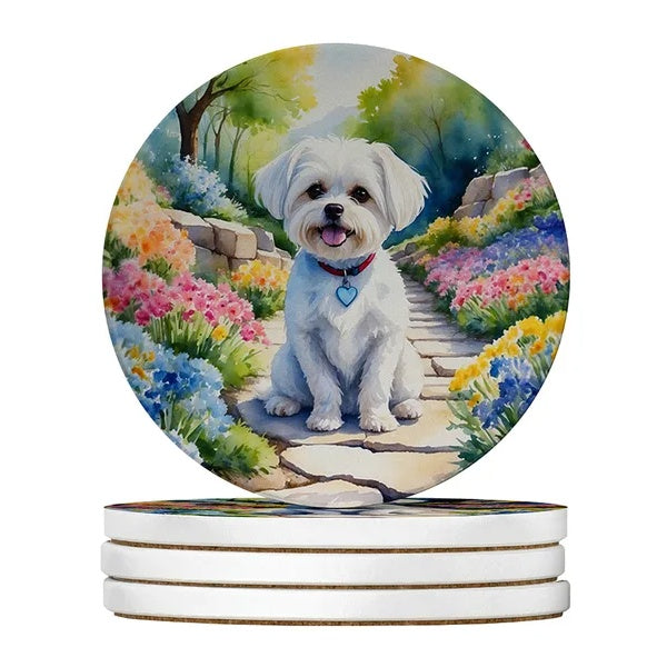Silky Terrier Spring Path Sandstone Coasters – 4-Pack, 4" Round, Multicolor