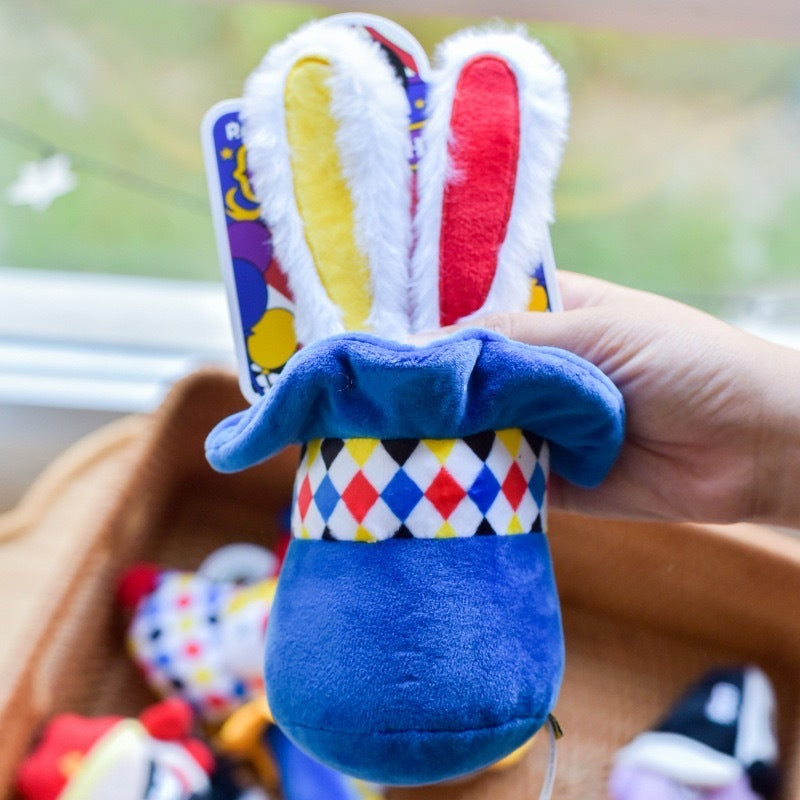 Interactive Plush Dog Toy Bundle - Clown Wobble Hammer & Bunny Squeeze Hat 2-Pack