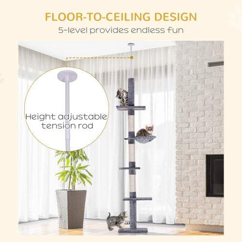 PawHut 9' Adjustable Floor-to-Ceiling Cat Tree – Grey & White
