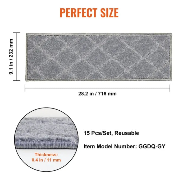 VEVOR Non-Slip Stair Treads, 9x28, Indoor Carpet Runner for Wood Steps, 15 Pcs, Gray