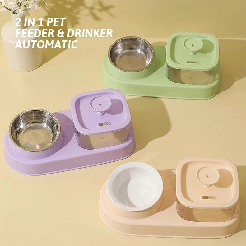 2-in-1 Dog & Cat Water Dispenser, Automatic Feeding Bowl with Dry