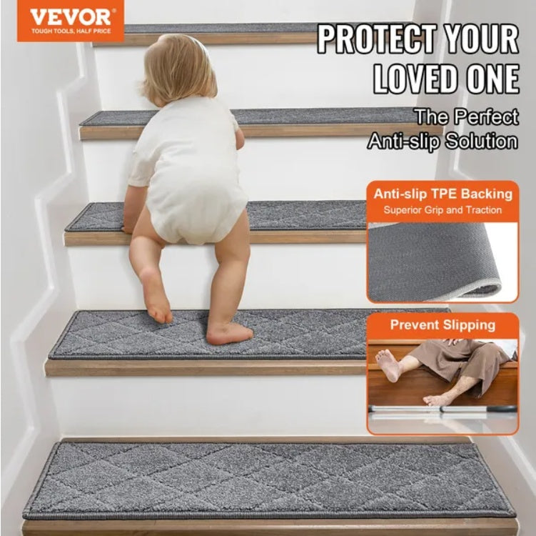 VEVOR Non-Slip Stair Treads, 9x28, Indoor Carpet Runner for Wood Steps, 15 Pcs, Gray