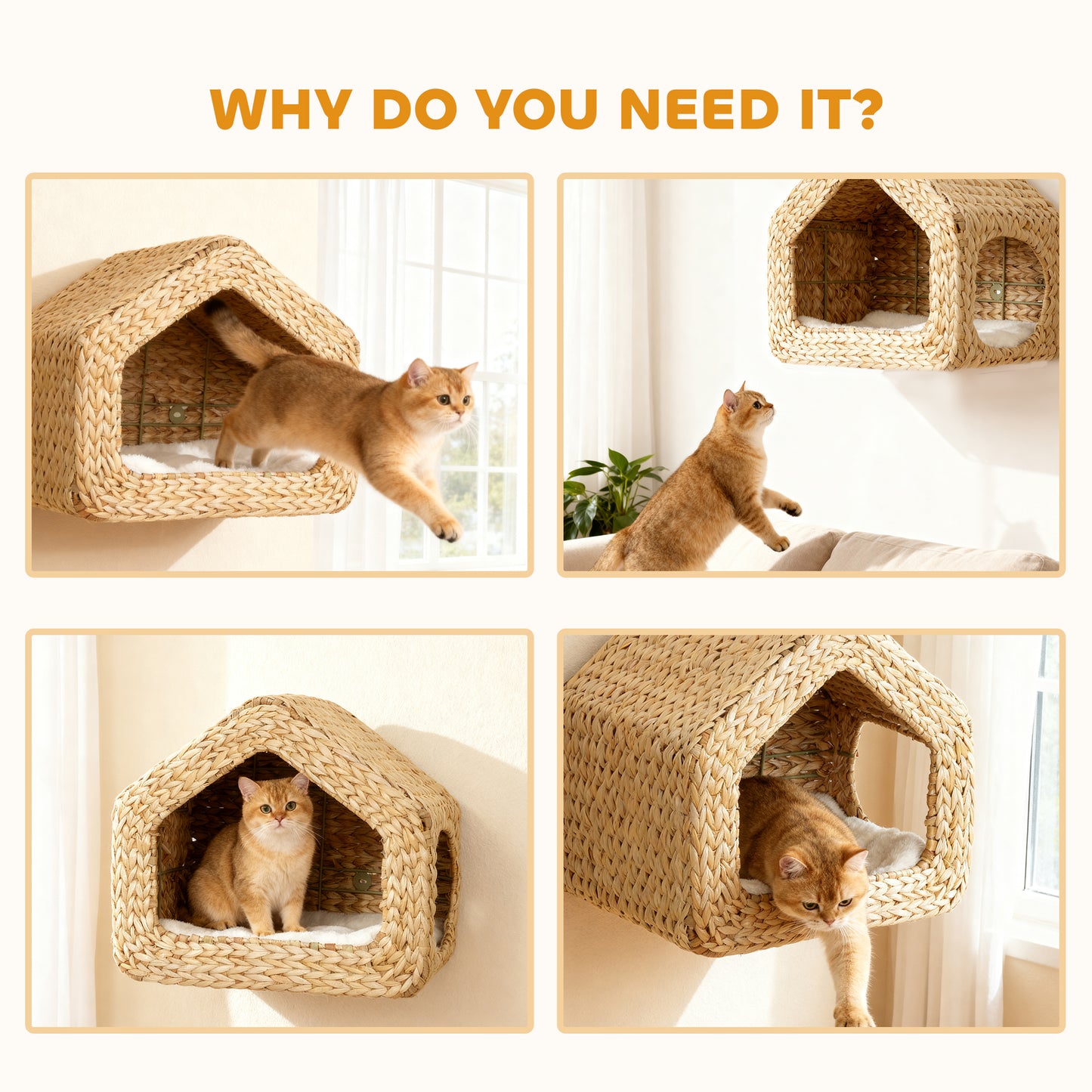 Wall-Mounted Cat Shelf with Washable Cushion – Natural