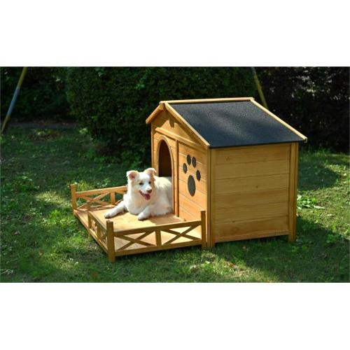 Outdoor Wooden Dog House with Porch – Medium, Natural