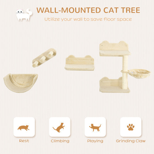 PawHut 4-Piece Cat Wall Shelf Set with Hammock & Scratching Post