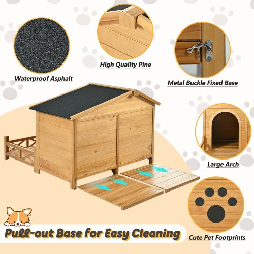 Outdoor Wooden Dog House with Porch – Medium, Natural