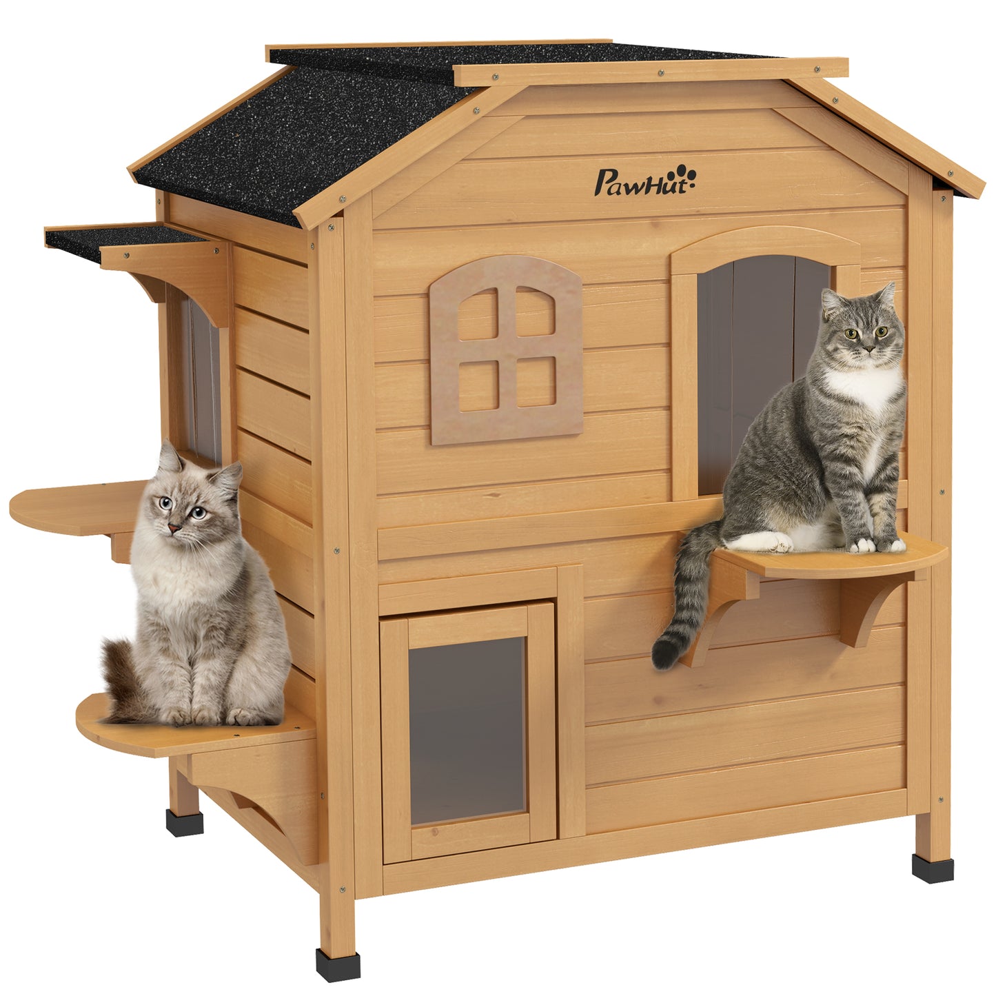 2-Story Outdoor Wooden Cat House with Escape Door & Roof