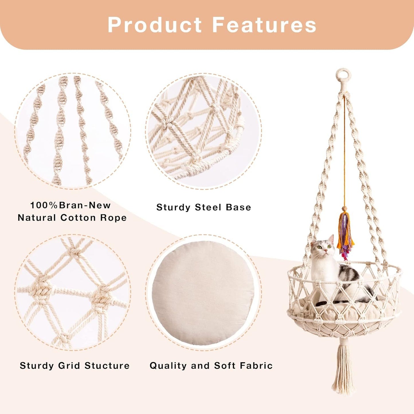 MEWOOFUN Cat Swing – Hanging Bed With Mat & Toy, Beige