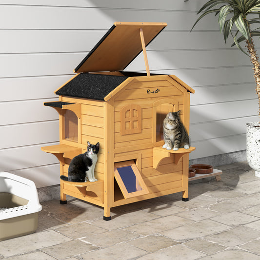 2-Story Outdoor Wooden Cat House with Escape Door & Roof