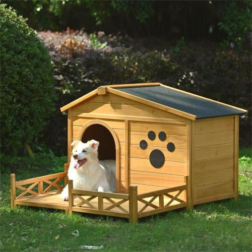 Outdoor Wooden Dog House with Porch – Medium, Natural