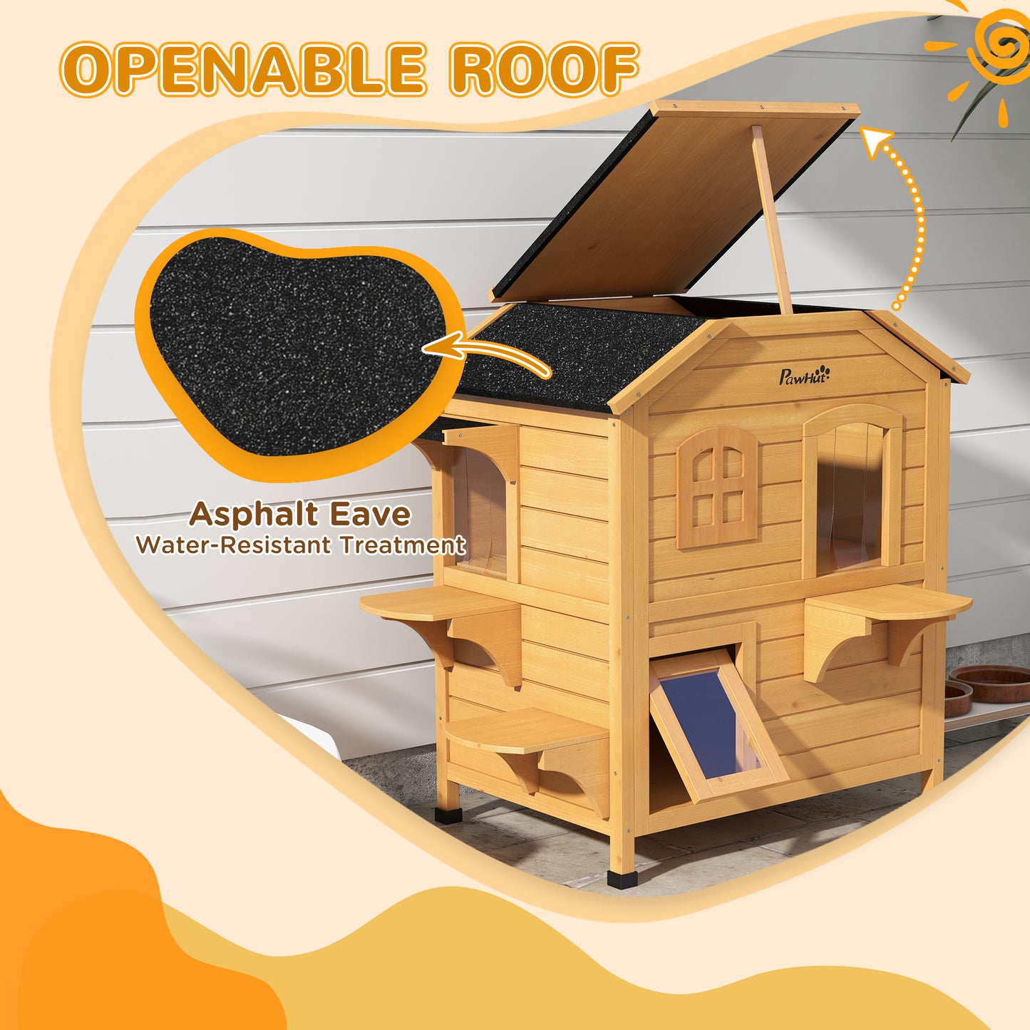 2-Story Outdoor Wooden Cat House with Escape Door & Roof