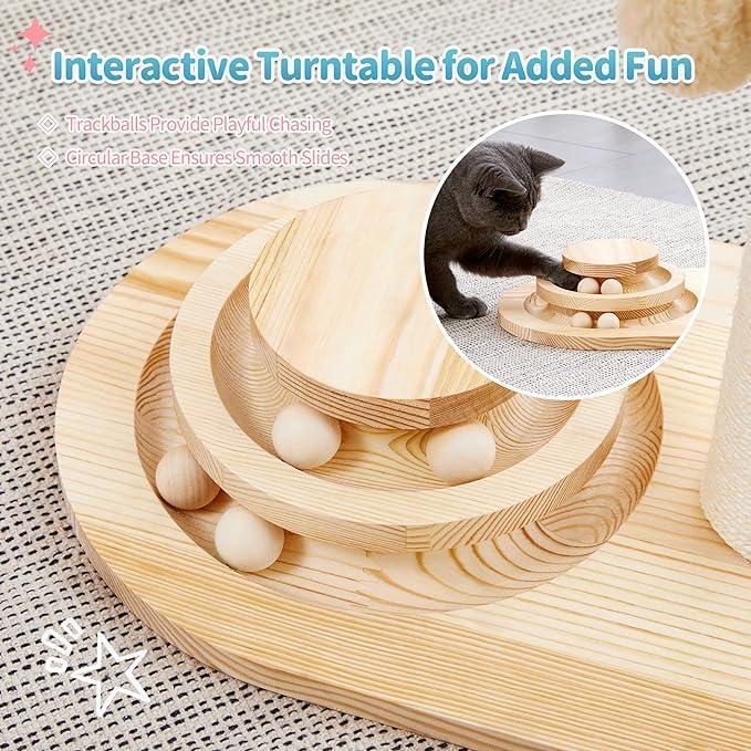 2-in-1 Wooden Cat Scratching Post & Interactive Ball Track