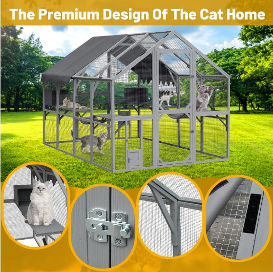 Outdoor Cat House with 110" Large Kitten Playpen - Upgrade Waterproof Cove
