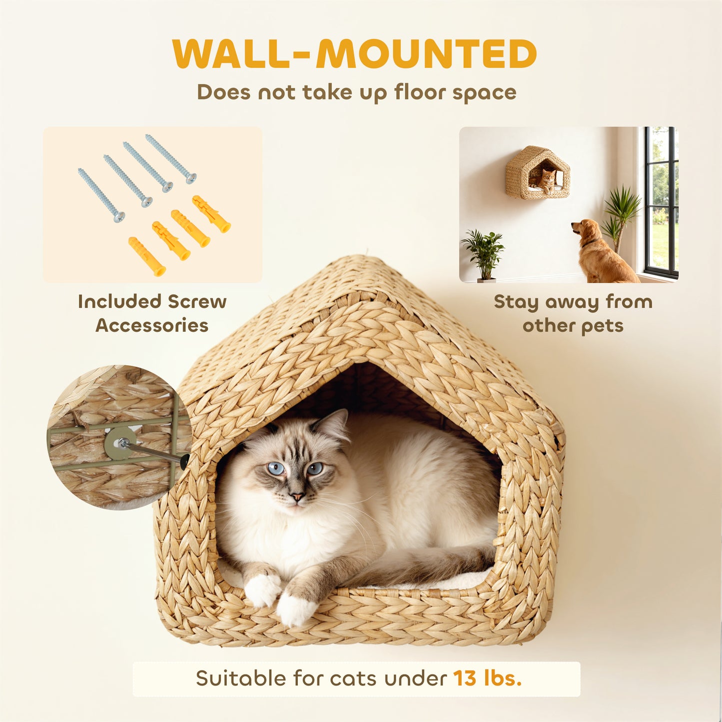 Wall-Mounted Cat Shelf with Washable Cushion – Natural