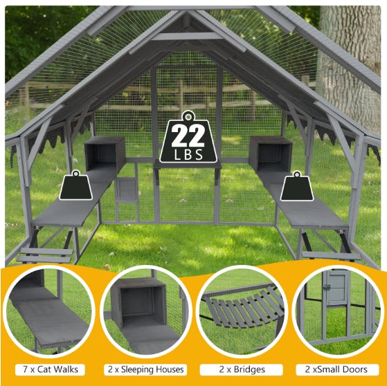 Outdoor Cat House with 110" Large Kitten Playpen - Upgrade Waterproof Cove