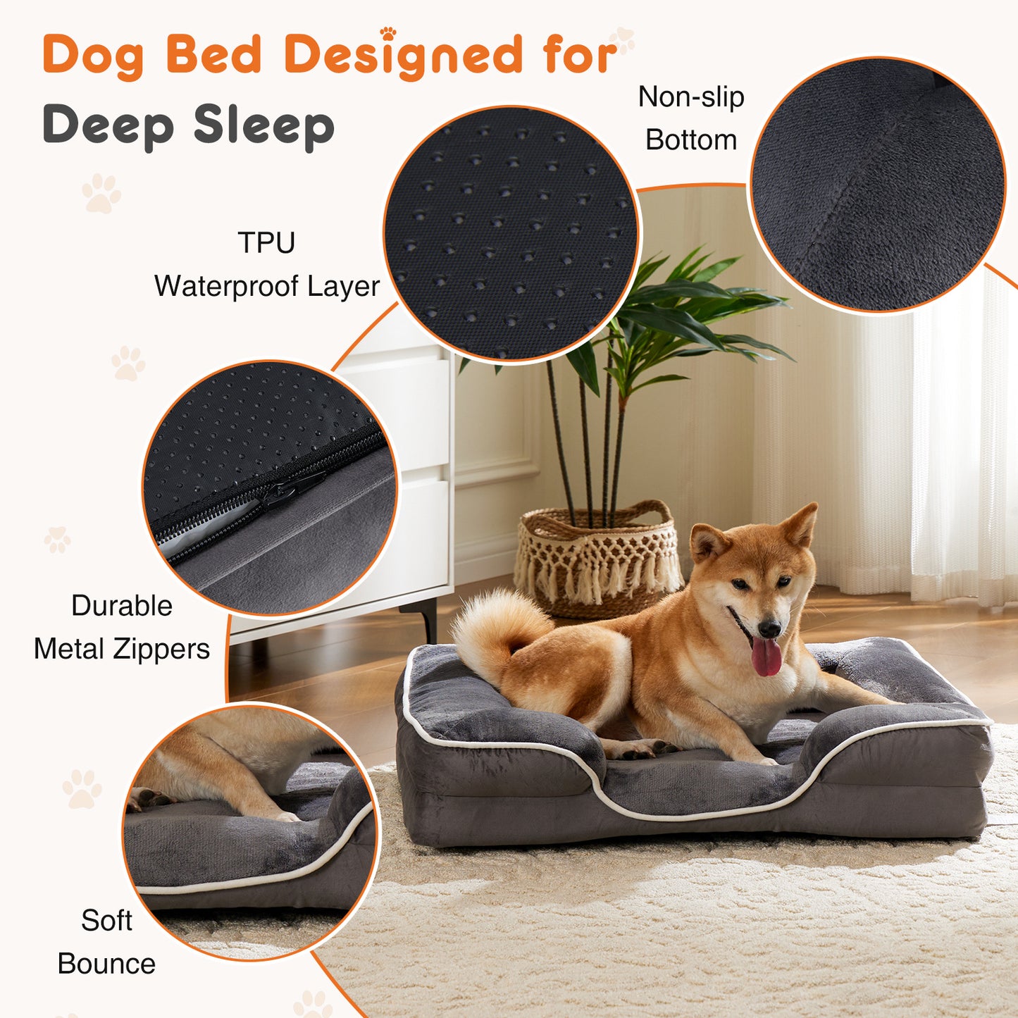 Memory Foam Pet Bed with Washable Cover & Non-Slip Base