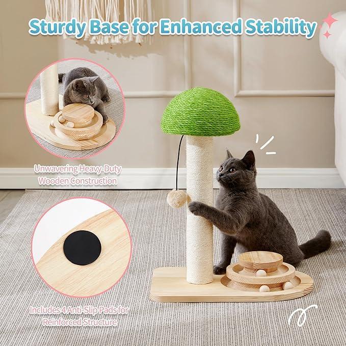 2-in-1 Wooden Cat Scratching Post & Interactive Ball Track