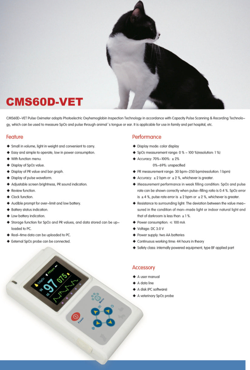 Veterinary Pulse Oximeter CMS60D-VET with SPO2 Probe & PR Monitor