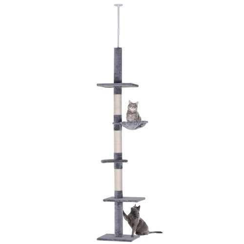 PawHut 9' Adjustable Floor-to-Ceiling Cat Tree – Grey & White