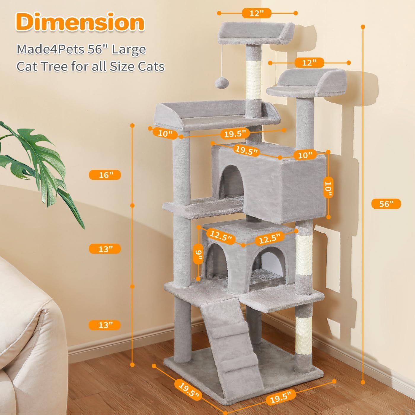 Made4Pets 56" Multi-Level Cat Tree with Apartments & Toys – Light Gray
