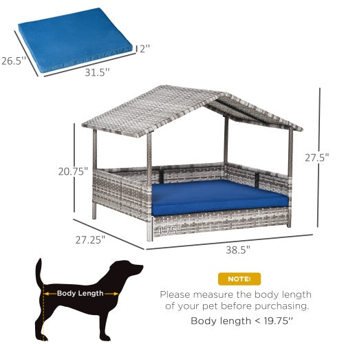 Outdoor Rattan Dog House with Canopy and Waterproof Mat for Small & Medium Dogs