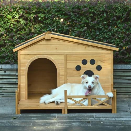 Outdoor Wooden Dog House with Porch – Medium, Natural