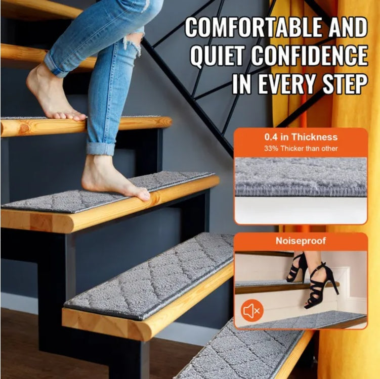 VEVOR Non-Slip Stair Treads, 9x28, Indoor Carpet Runner for Wood Steps, 15 Pcs, Gray