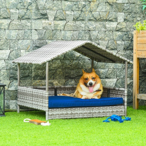 Outdoor Rattan Dog House with Canopy and Waterproof Mat for Small & Medium Dogs