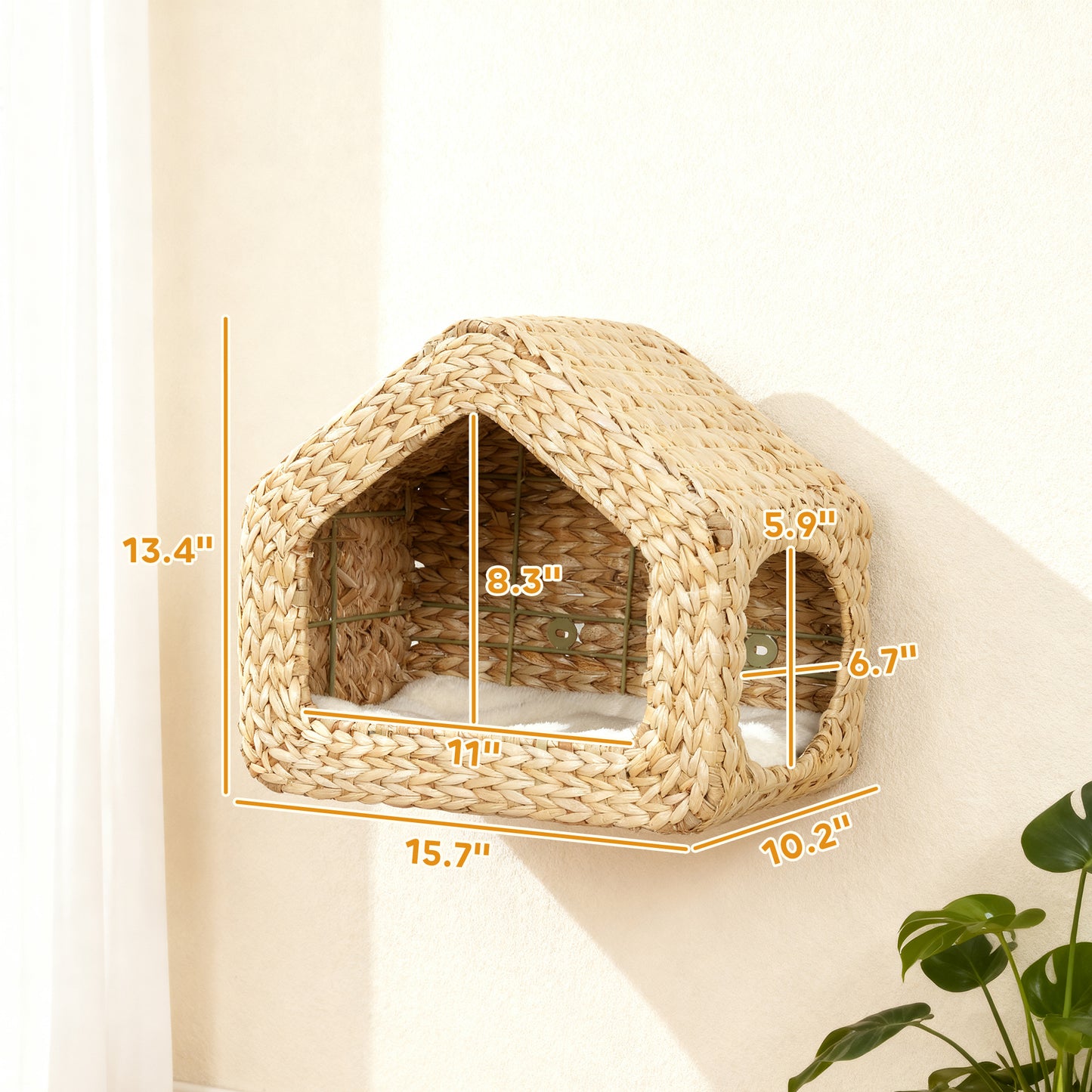 Wall-Mounted Cat Shelf with Washable Cushion – Natural