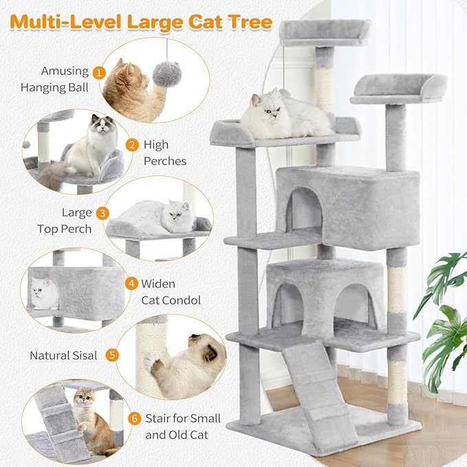 Made4Pets 56" Multi-Level Cat Tree with Apartments & Toys – Light Gray