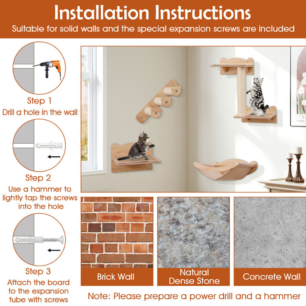 Wall-Mounted Cat Tree with Hammock & Stairs