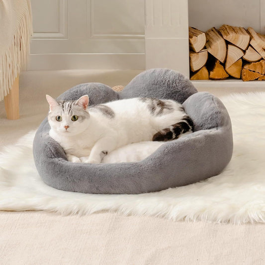 MEWOOFUN Fluffy Cat & Small Dog Bed – Washable, Non-Slip, 23" Grey