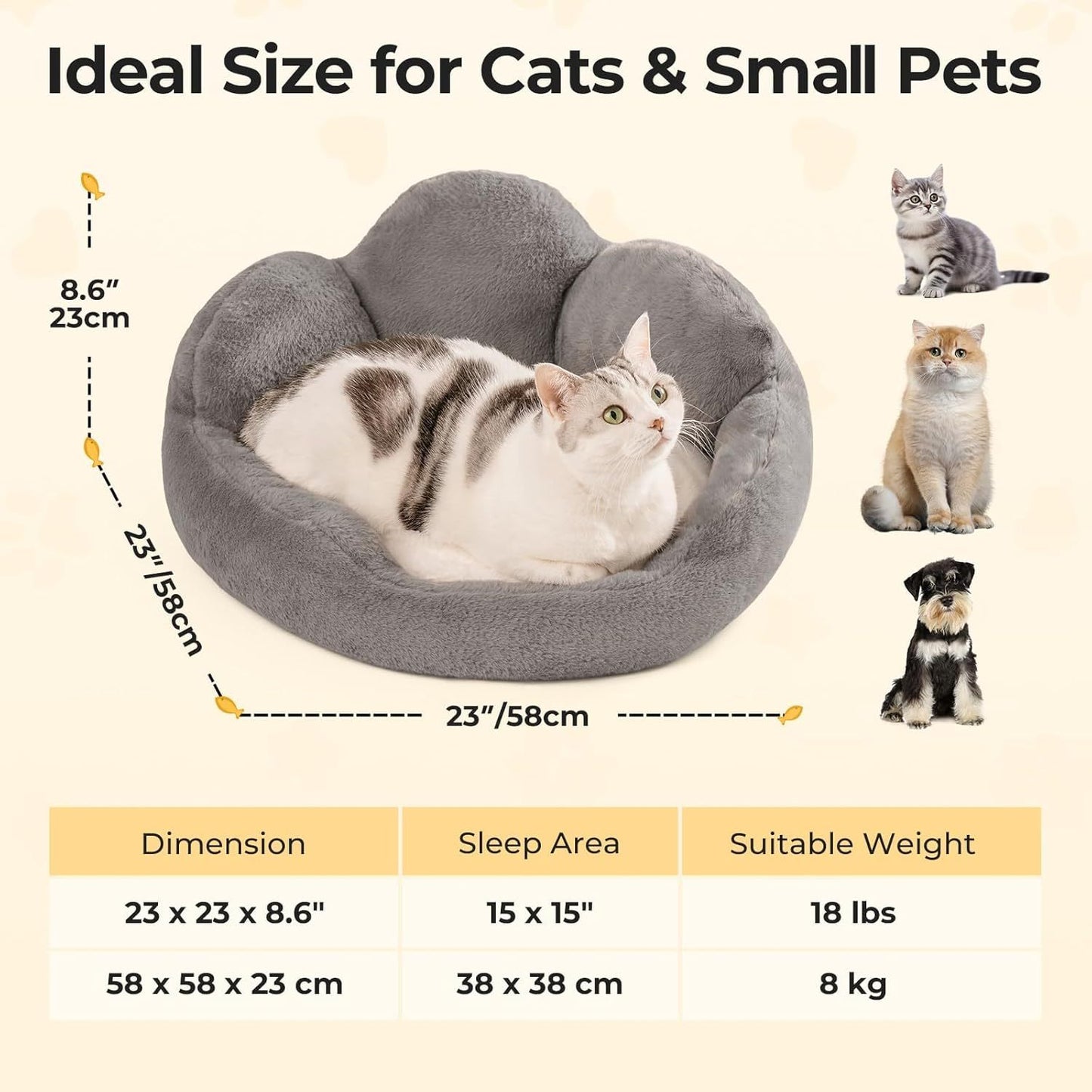 MEWOOFUN Fluffy Cat & Small Dog Bed – Washable, Non-Slip, 23" Grey