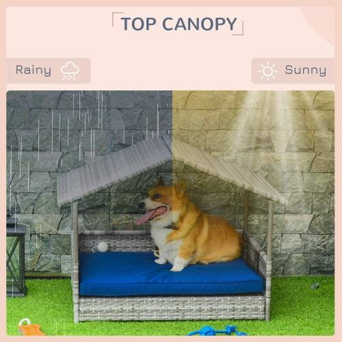 Outdoor Rattan Dog House with Canopy and Waterproof Mat for Small & Medium Dogs
