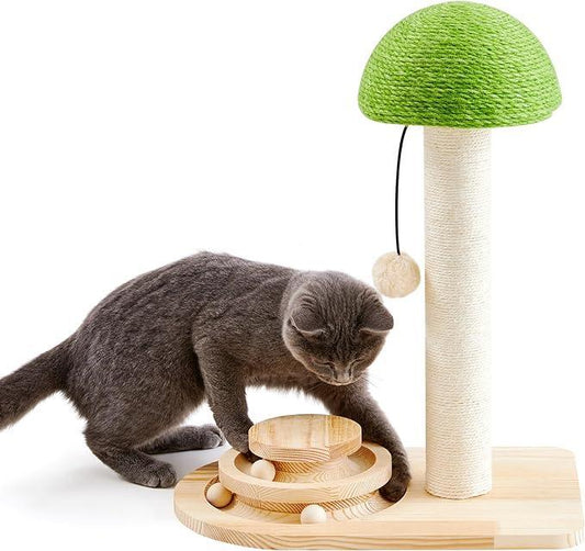 2-in-1 Wooden Cat Scratching Post & Interactive Ball Track