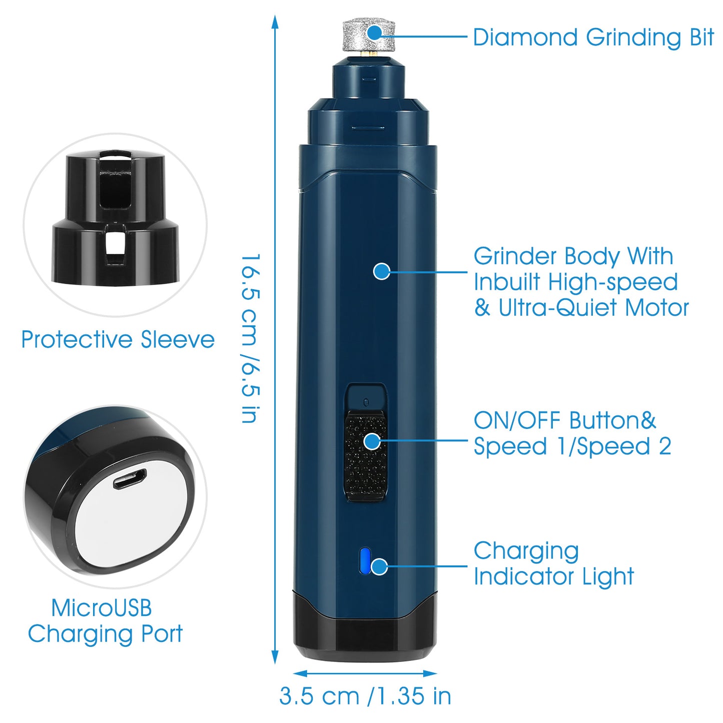 Dog & Cat Nail Grinder – 2 Speeds, Quiet, Cordless