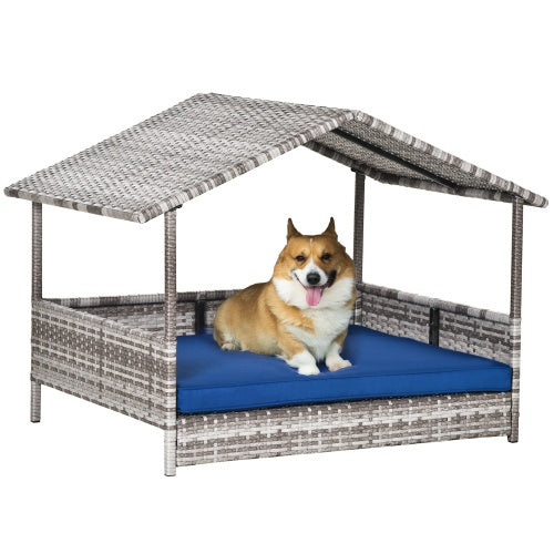 Outdoor Rattan Dog House with Canopy and Waterproof Mat for Small & Medium Dogs