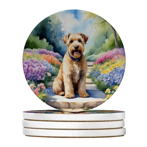 Silky Terrier Spring Path Sandstone Coasters – 4-Pack, 4" Round, Multicolor