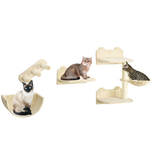 PawHut 4-Piece Cat Wall Shelf Set with Hammock & Scratching Post