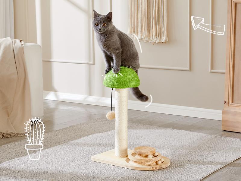 2-in-1 Wooden Cat Scratching Post & Interactive Ball Track