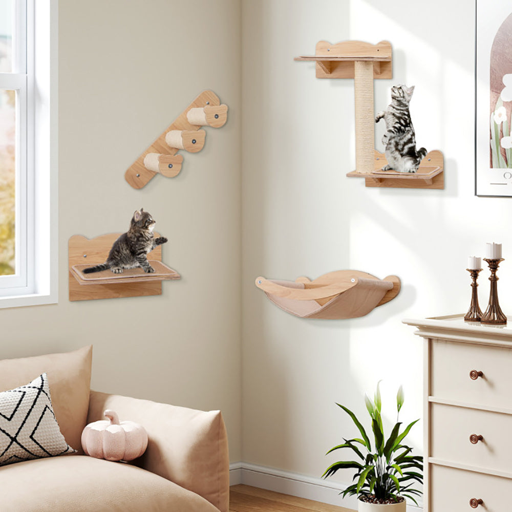 Wall-Mounted Cat Tree with Hammock & Stairs