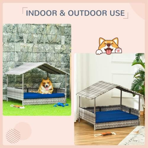Outdoor Rattan Dog House with Canopy and Waterproof Mat for Small & Medium Dogs