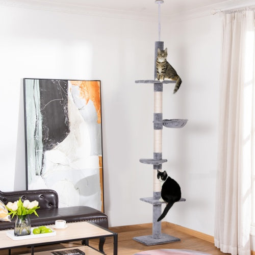 PawHut 9' Adjustable Floor-to-Ceiling Cat Tree – Grey & White